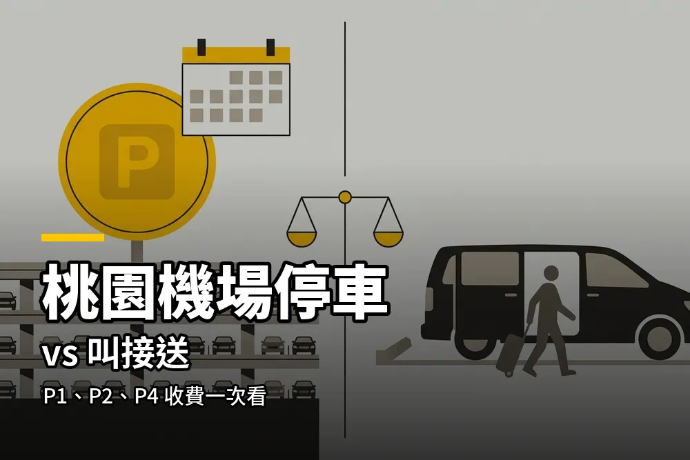 桃園機場停車與叫接送比較插畫：左邊立體停車場與日曆，右邊廂型車在航廈前讓旅客下車