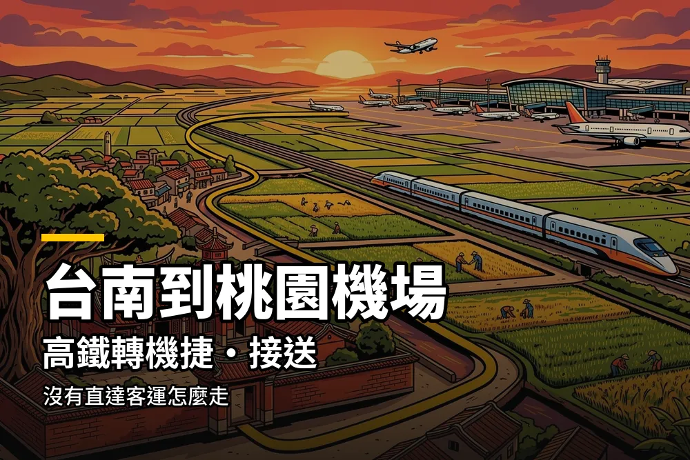 台南到桃園機場交通插畫：紅磚古建築與榕樹旁，路線經稻田與高鐵通往機場